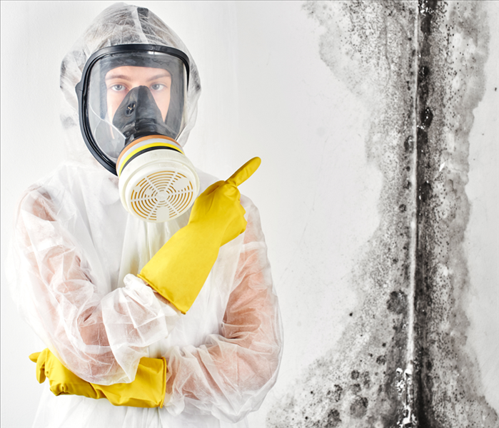 Technician wearing a PPE outfit and pointing at a wall with black mold